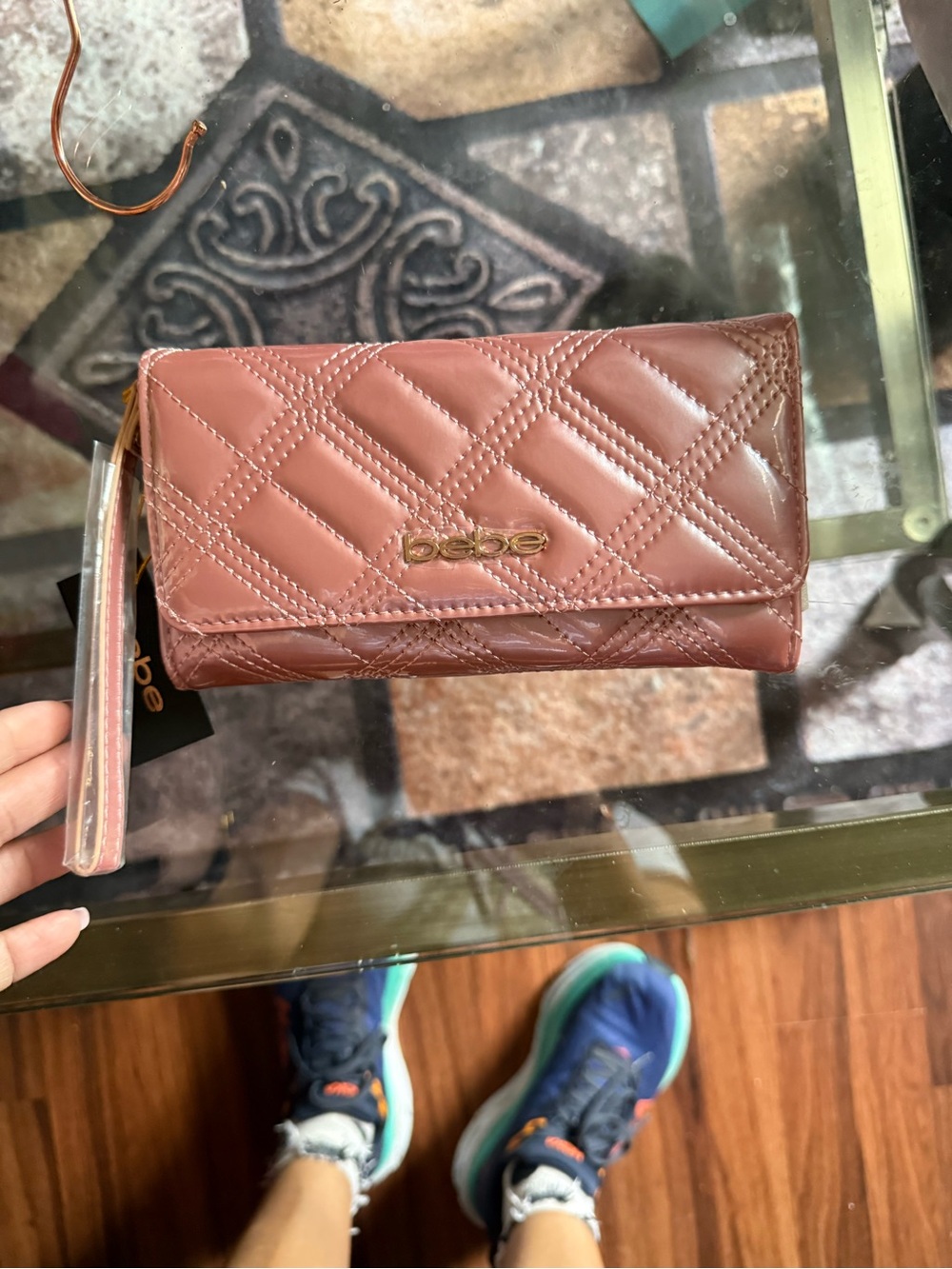 bebe Quilted Blush Wallet Clutch with Gold Logo NWT